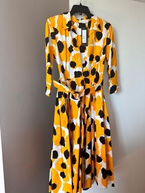 Samantha Sung NWT White & Yellow Giraffe Print Collared Dress w/ Belt Size 2
